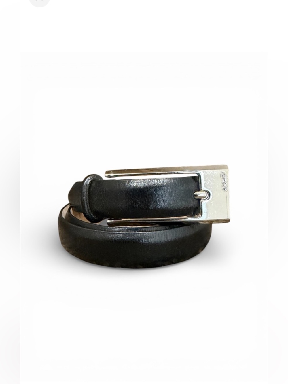 DKNY Black Leather Skinny Belt with Silver Tone Buckle